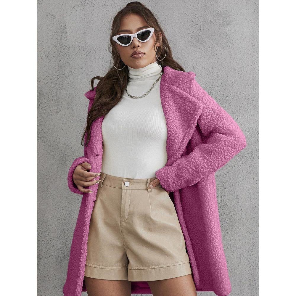 Button Front Teddy Coat Long Trench Coat Jacket hot pink faux fur - Picture 2 of 9